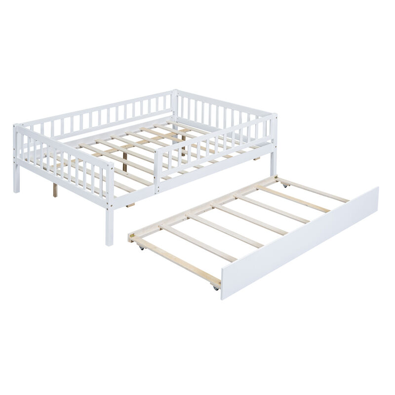 Full Size Wood Daybed With Trundle And Fence Guardrails