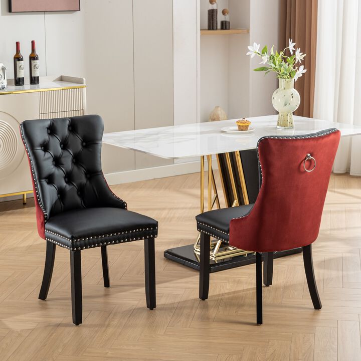 Set of 2 Upholstered Dining Chairs, Tufted Back, Nailhead Trim, Solid Wood Legs