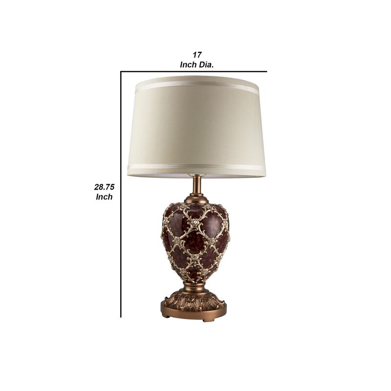 Polyresin Urn Shaped Table Lamp with Diamond Stencils Pattern, Brown-Benzara