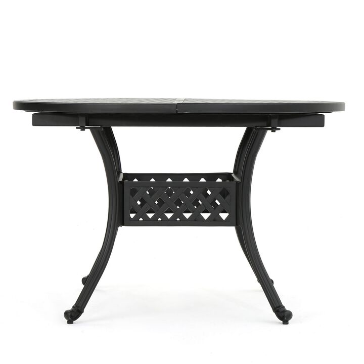 Roch Outdoor Dining Table, 46-61 Inch Extendable Top, Black Latticework - Benzara