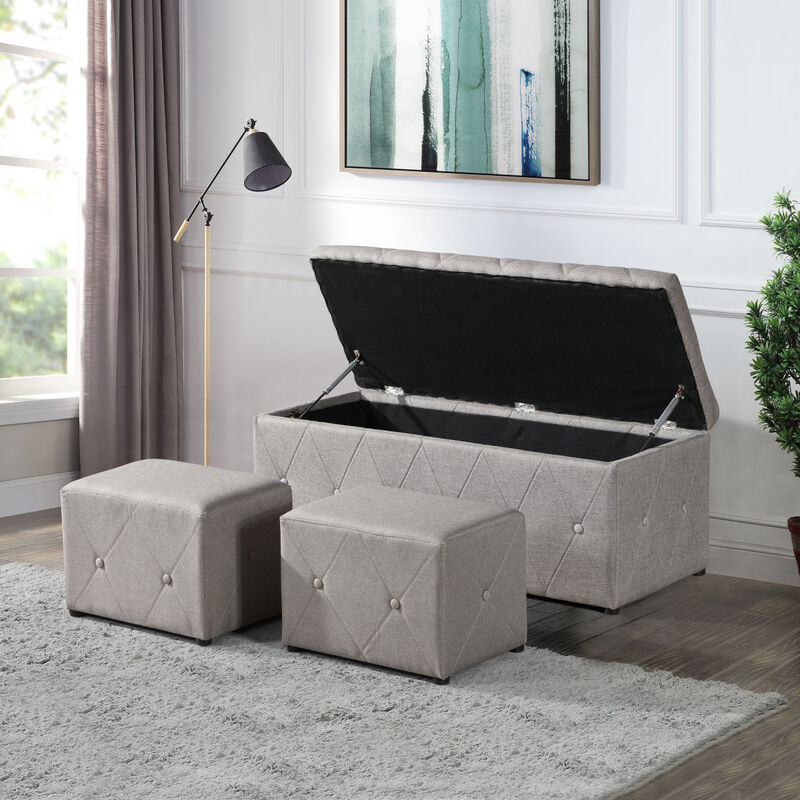 1 Piece Rectangular Storage Ottoman Fabric Linen With 2 Set Ottomans (Beige)
