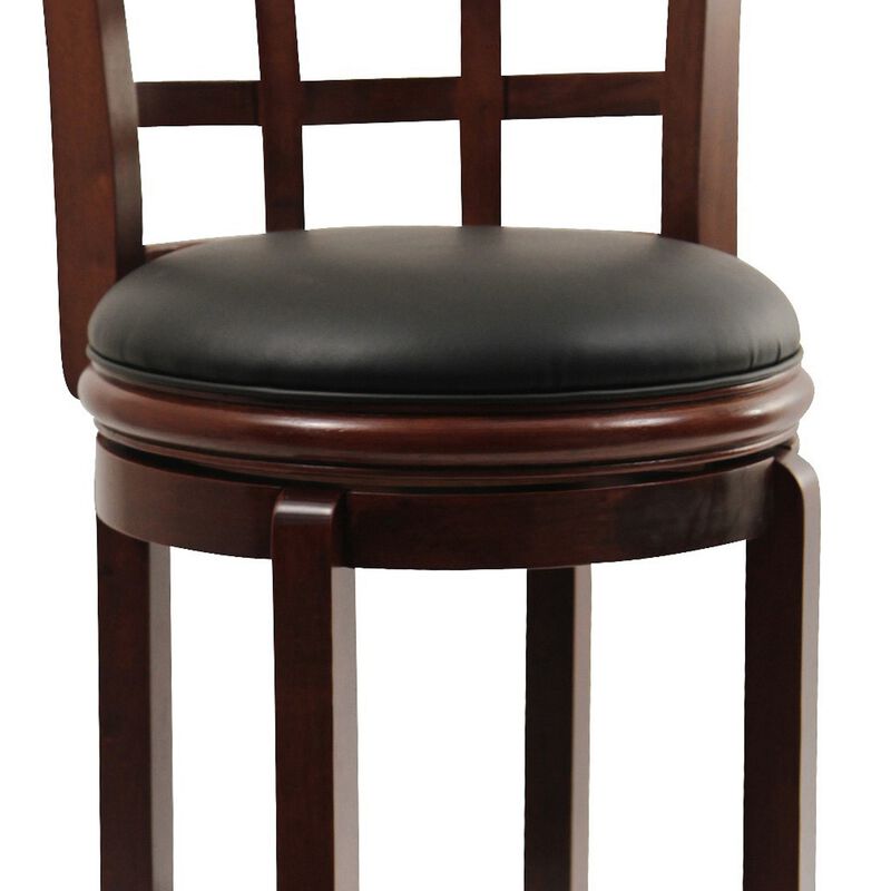 Sabi 29 inch Swivel Counter Stool, Solid Wood, Faux Leather, Brown, Black-Benzara