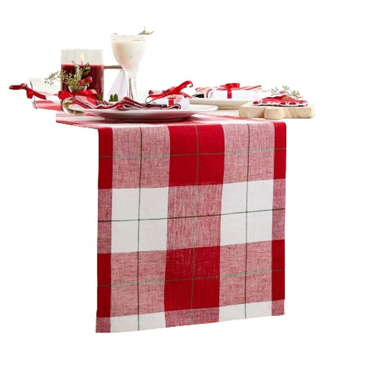 Solino Home 100% Pure Linen Table Runner 14 x 108 Inch | Very Merry Plaid