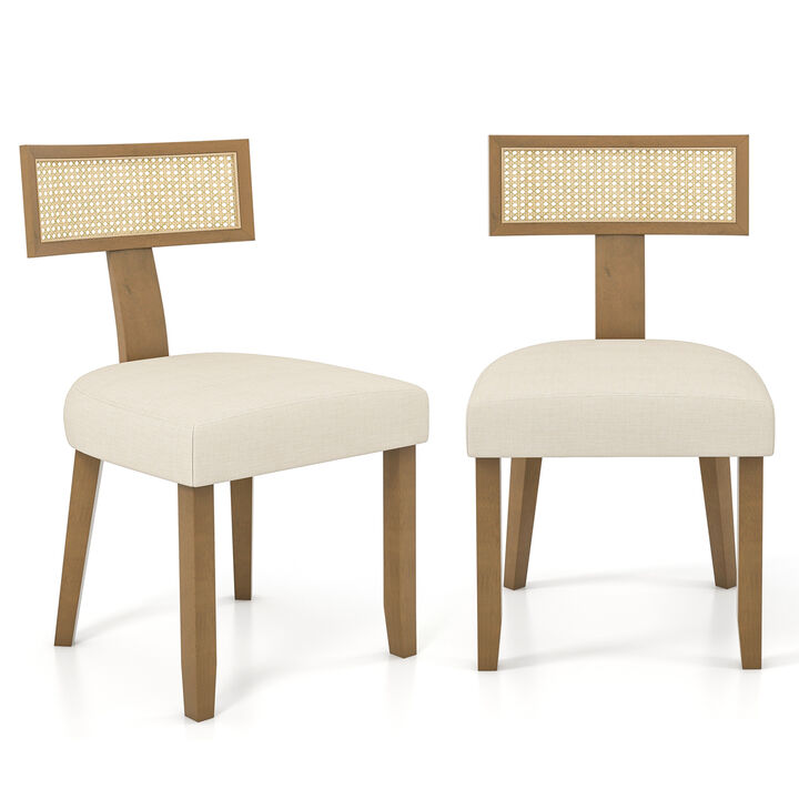 Set of 2 Linen Fabric Upholstered Accent Dining Chairs with Curved Rattan Backrests