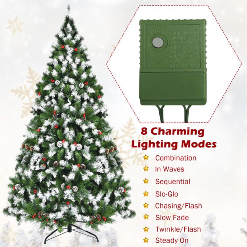 Hivvago Pre-lit Snow Flocked Christmas Tree with Red Berries and LED Lights-6 ft