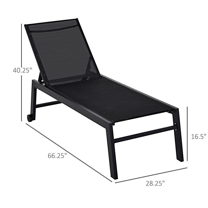 Black Patio Lounger: Chaise Chair with Wheels and Adjustable Back