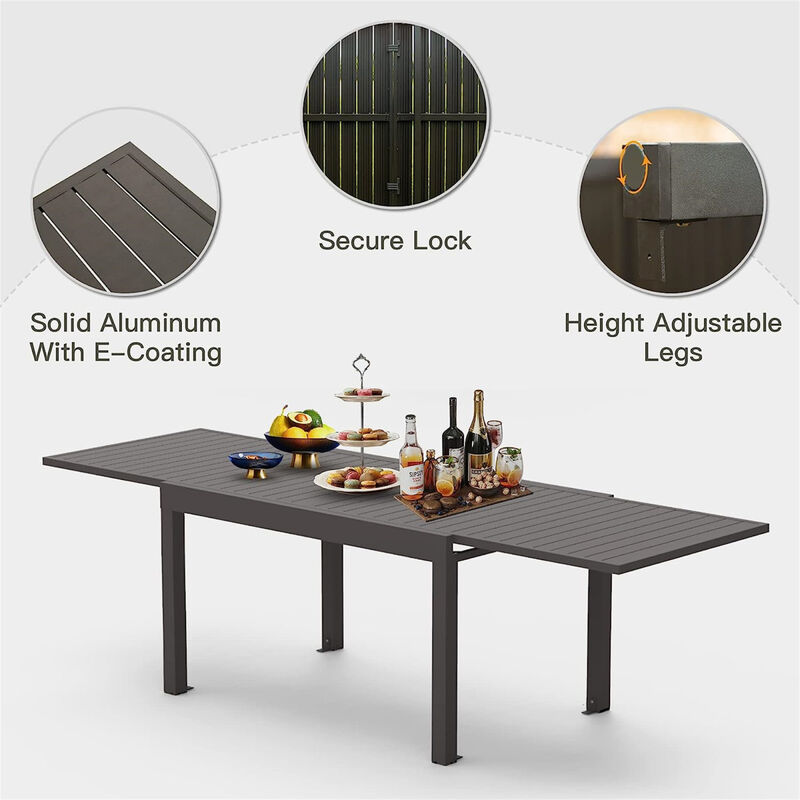 Extendable Aluminum Patio Dining Table, 53"-106" Rectangular, Dark-Brown