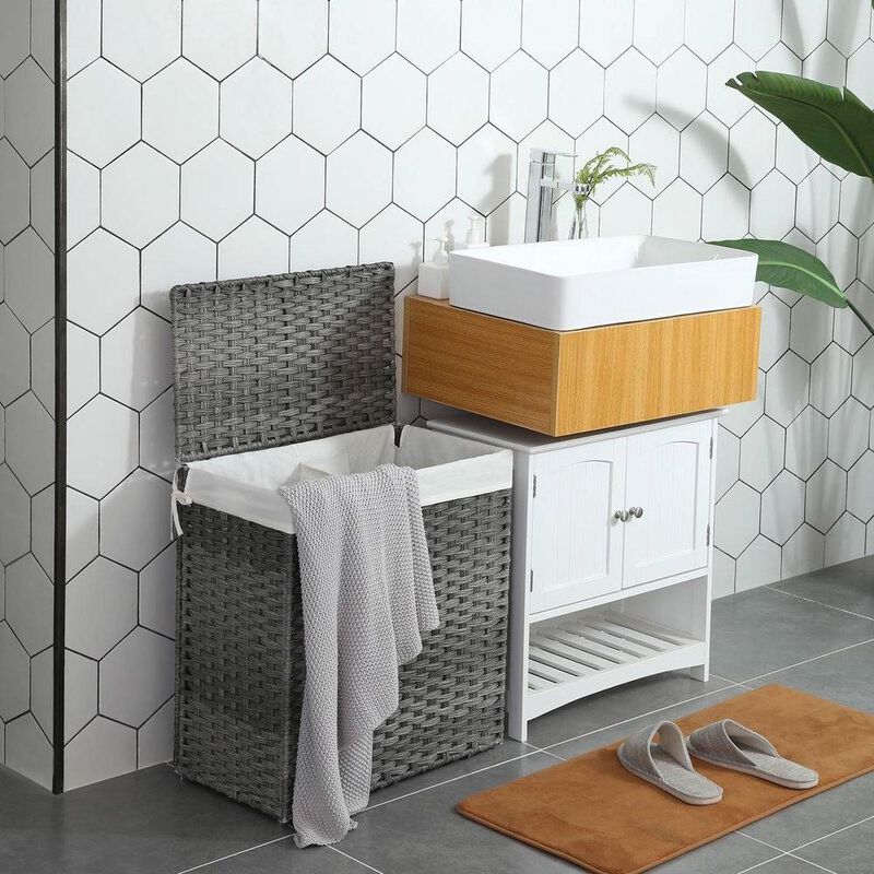 PP Rattan 29-Gal Laundry Hamper Basket with 2-Compartment Washable Liner Bag