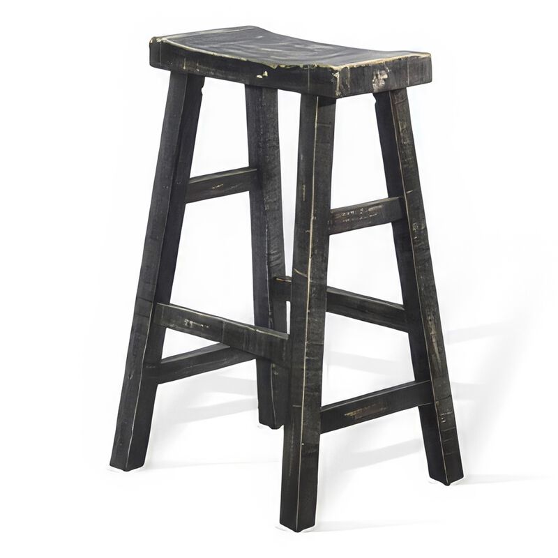 Rena Barstool Set of 2, Saddle Style Seat, Black Sand Mahogany Wood - Benzara
