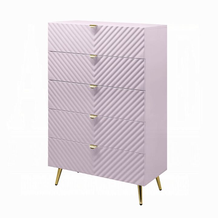 Tyra Tall Dresser Chest, 5 Drawers, Gold, Gloss Pink Chevron Pattern - Benzara