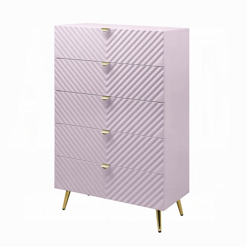 Tyra Tall Dresser Chest, 5 Drawers, Gold, Gloss Pink Chevron Pattern - Benzara
