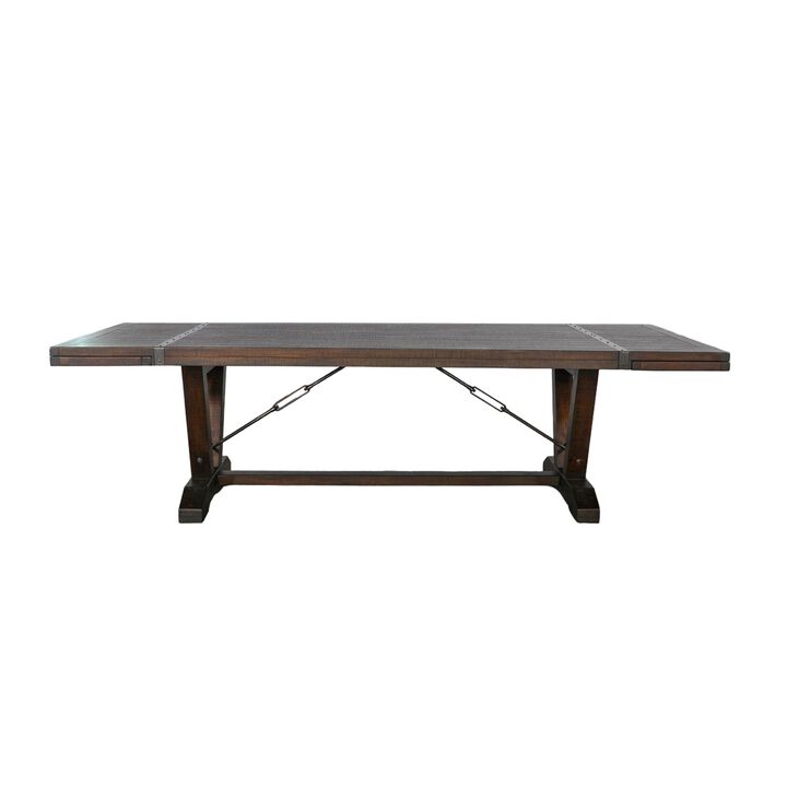 Flint Extendable Dining Table, 108-140 Inch, 2 Folding Leaves, Brown - Benzara