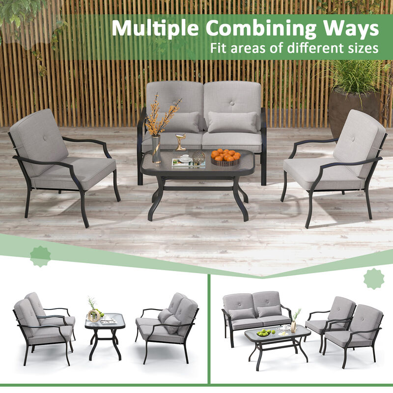 4 Pieces Outdoor Conversation Set with Seat Back Cushions and Waist Pillows-Gray