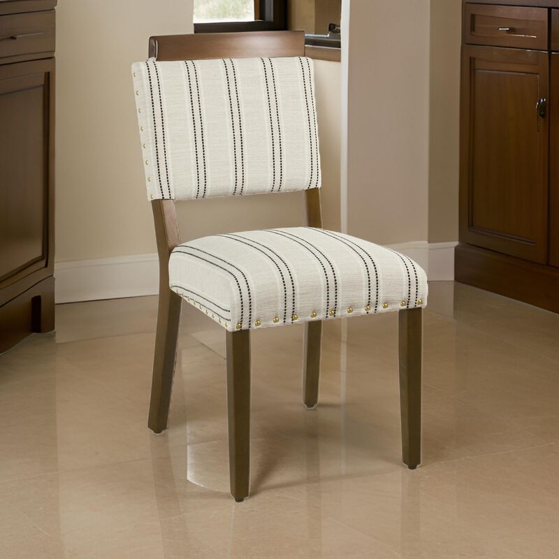 Wooden Dining Chair with Striped Pattern Fabric Cushioned Seat, Black and White, Set of Two - Benzara