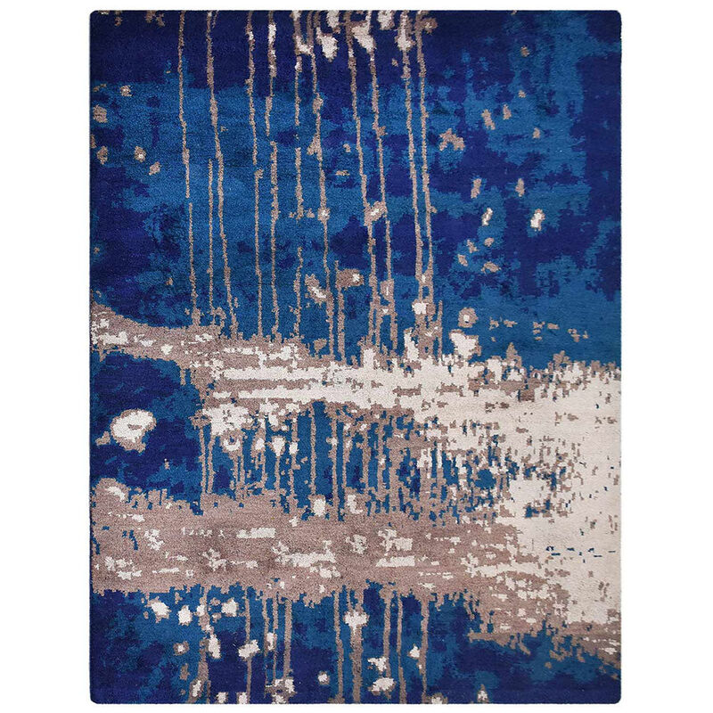 Rugsotic Carpets Hand Knotted Silk 6'x9' Area Rug Abstract Blue Beige NS1242