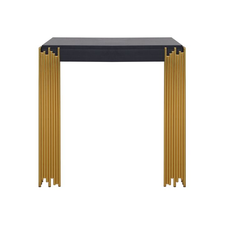 Theo Side End Table, Retro Gold Metal Legs, Black Wood, Square 25 Inch - Benzara