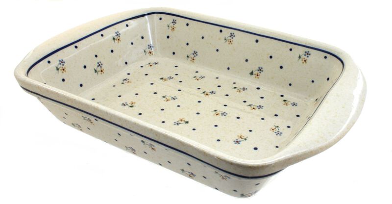 Blue Rose Polish Pottery Jungle Flower Large Rectangular Baker with Handles