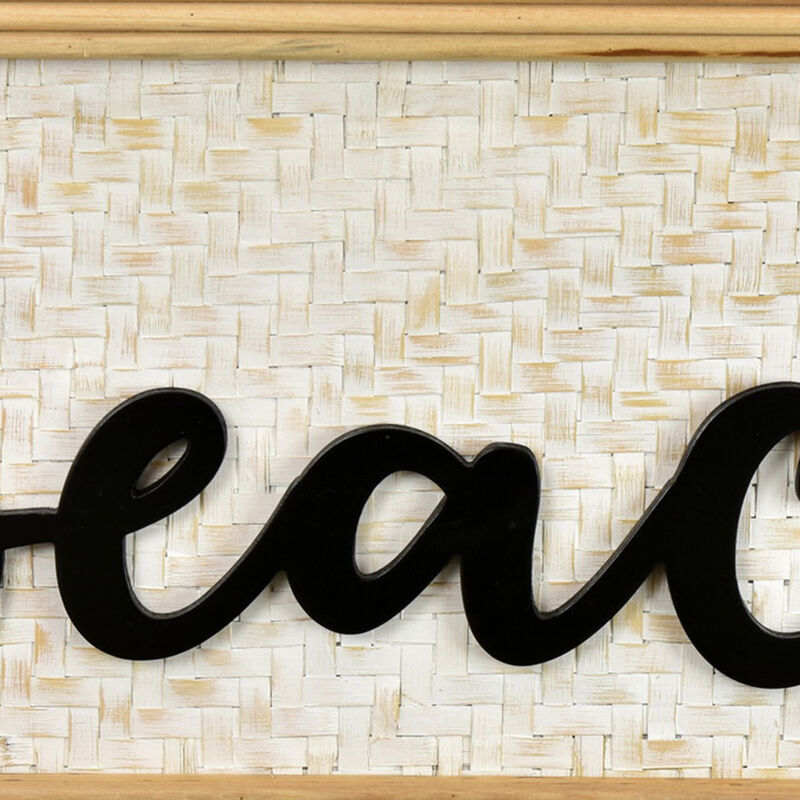 Beach Wall Decor Sign, 28 Inch White Woven Wood Frame, Black - Benzara