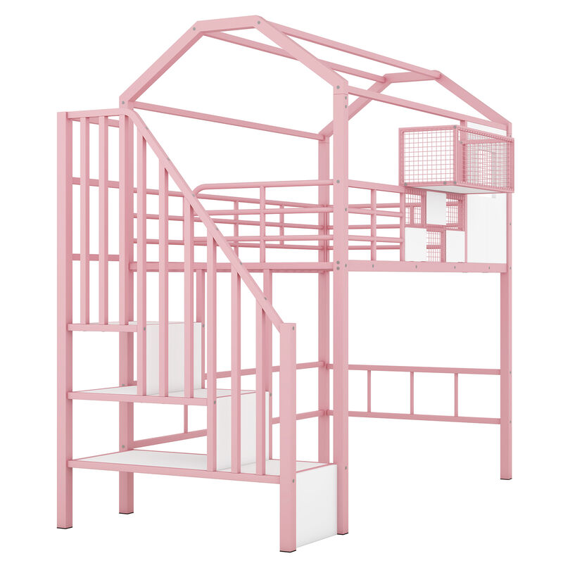 Merax Metal Loft Bed with Roof and A Storage Box