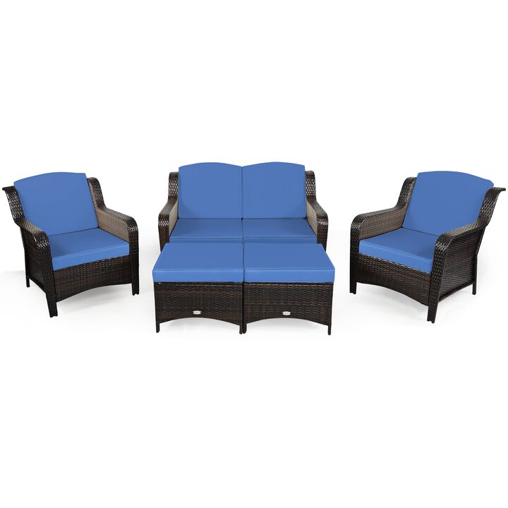 5 Pieces Patio Rattan Sofa Set with Cushion and Ottoman