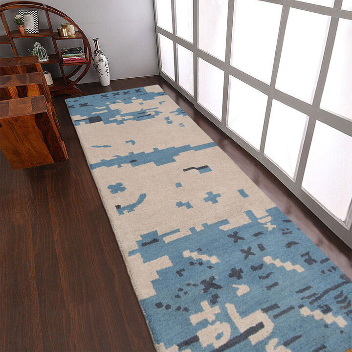 RUGSOTIC CARPETS HAND TUFTED WOOL ECO-FRIENDLY AREA RUGS  - 2'6"x8', Runner Shape, Beige & Blue, Abstract Modern Design, High Pile Thick Handmade Area Rugs for Living Room, Bed Room (K00702)
