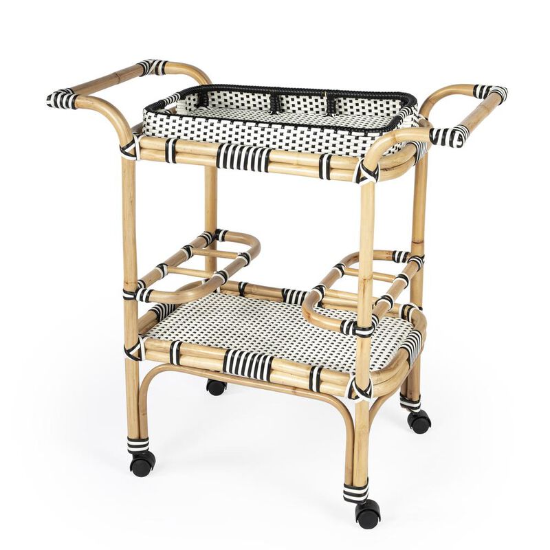Rattan Weave Bar Cart, Black & White, Belen Kox