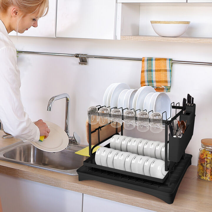 2 Tier Dish Drying Rack Over Sink Steel Kitchen Holder Drain Board Set Metal