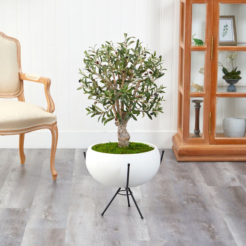 Hivvago 3 Feet Olive Artificial Tree in White Planter with Metal Stand