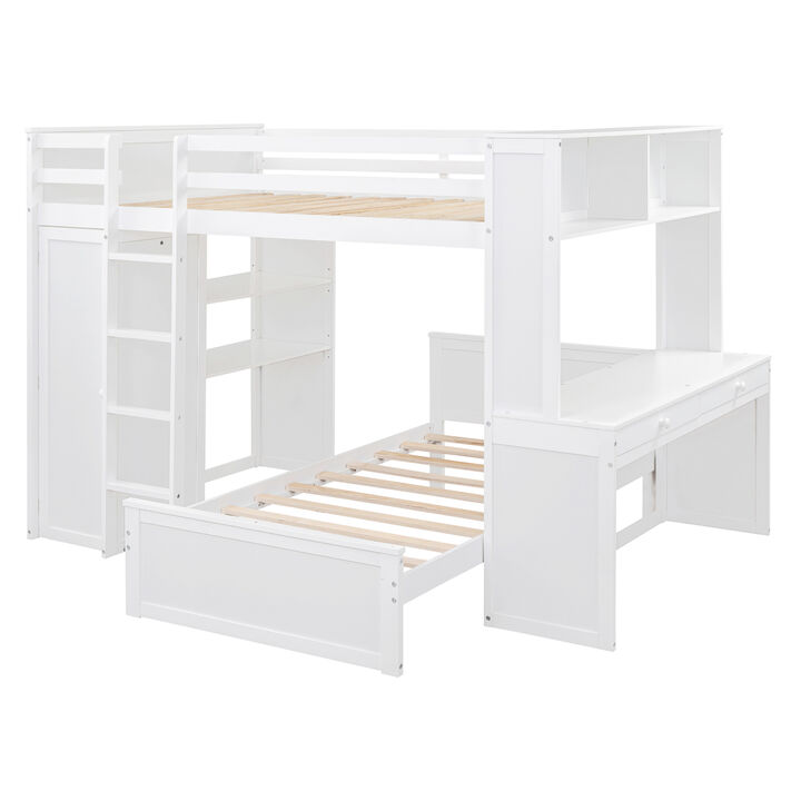Full Size Loft Bed With A Twin Size Stand-Alone Bed, Shelves, Desk, And Wardrobe