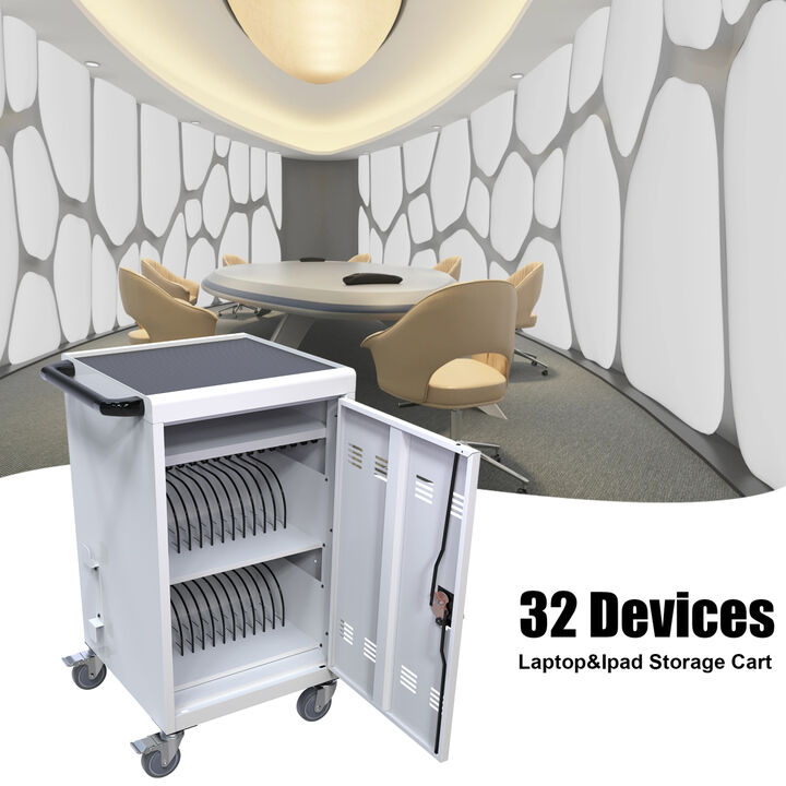 Mobile Charging Cart And Cabinet For Tablets Laptops 32-Device(White)