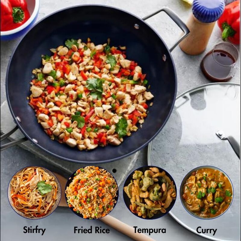 Blu. Cookware 12.6” Wok with Lid, Durable Non-Stick Stir Fry Pan, Non-Toxic, PFA/PFOA-Free, Suitable for All Cooktops, Includes Bamboo Brush