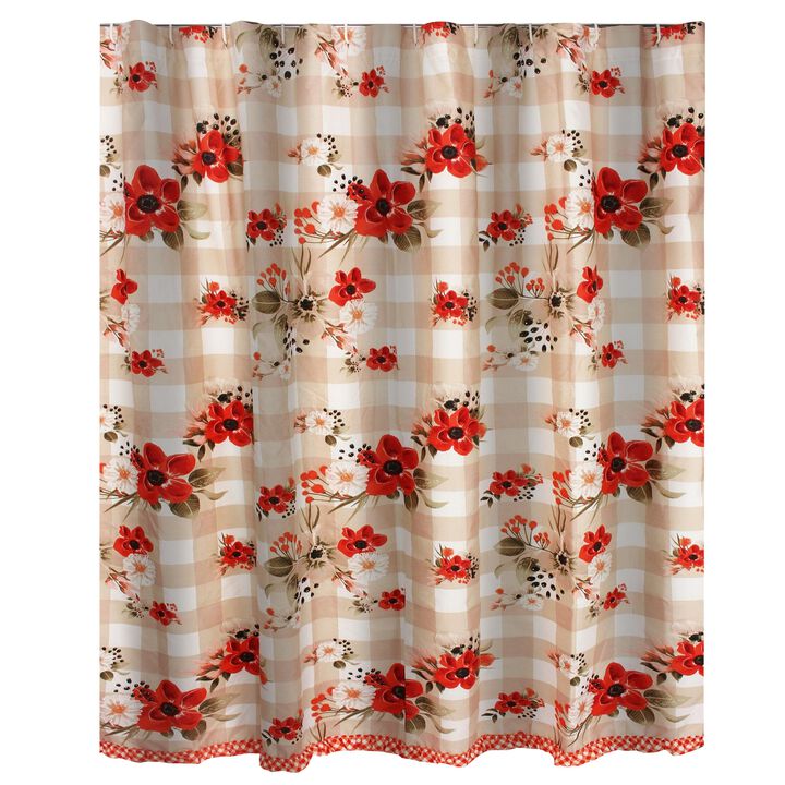 Lire 72 x 72 Inch Shower Curtain, Ruffled Rows, Floral Print, Multicolor - Benzara