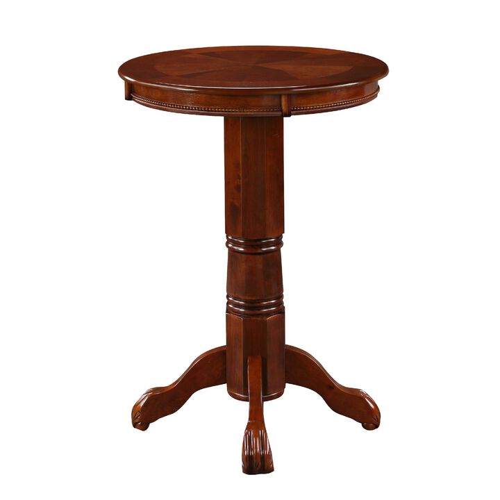 Ava 42 Inch Wood Pub Bar Table, Sunburst Design, Carved Pedestal, Dark Brown-Benzara