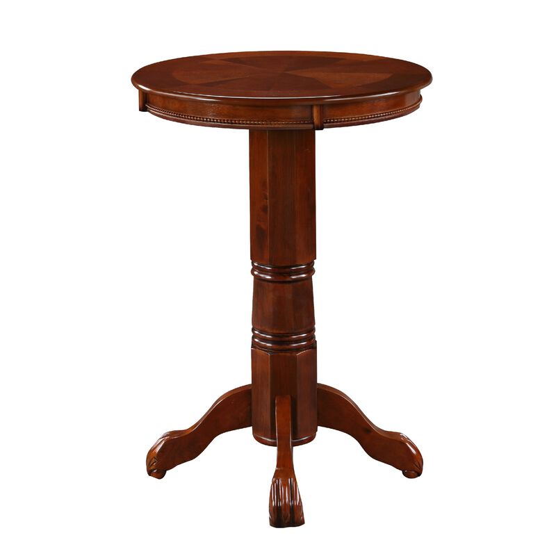 Ava 42 Inch Wood Pub Bar Table, Sunburst Design, Carved Pedestal, Dark Brown-Benzara