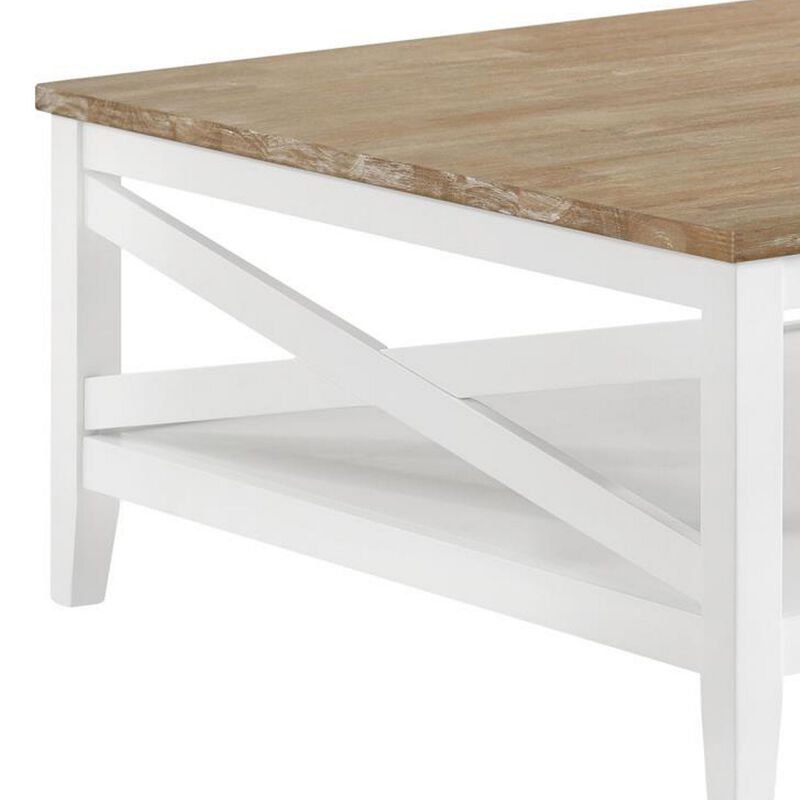 Maise 39 Inch Coffee Table, Rustic Wire Brushed Wood Top, Brown and White - Benzara