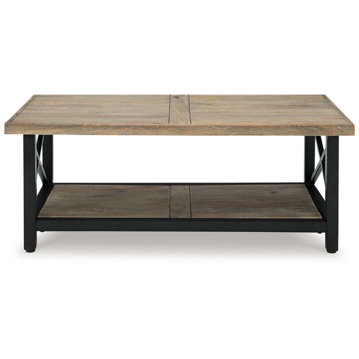 Sten Coffee Table, Rectangular Brown Mango Wood, 46 Inch Black Metal - Benzara