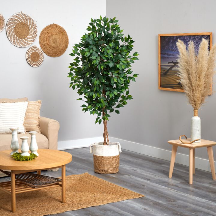 Hivvago 6 Feet Ficus Artificial Tree with Natural Trunk in Handmade Natural Jute and Cotton Planter