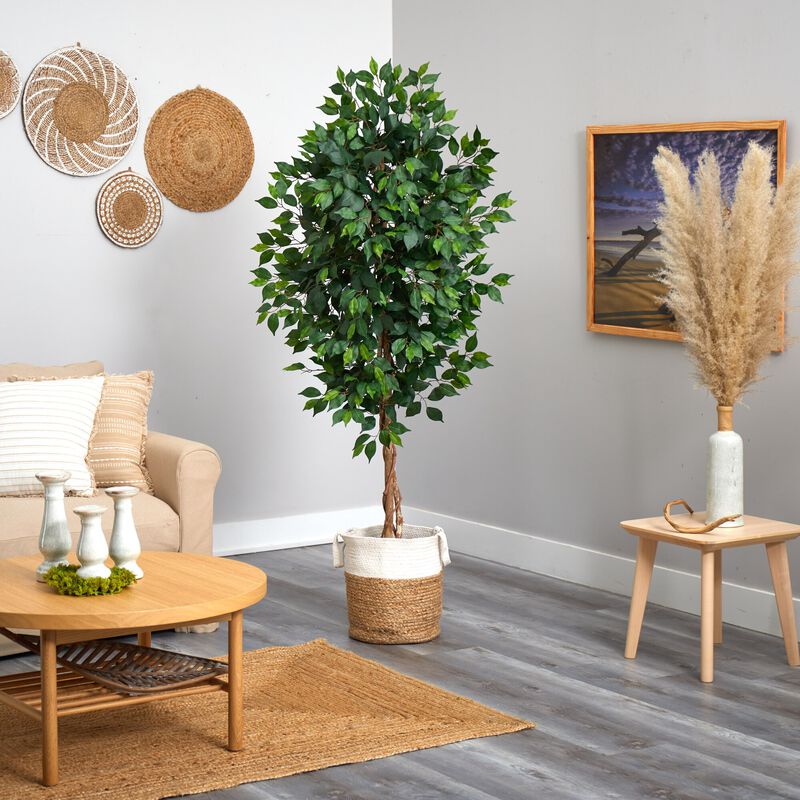 Hivvago 6 Feet Ficus Artificial Tree with Natural Trunk in Handmade Natural Jute and Cotton Planter