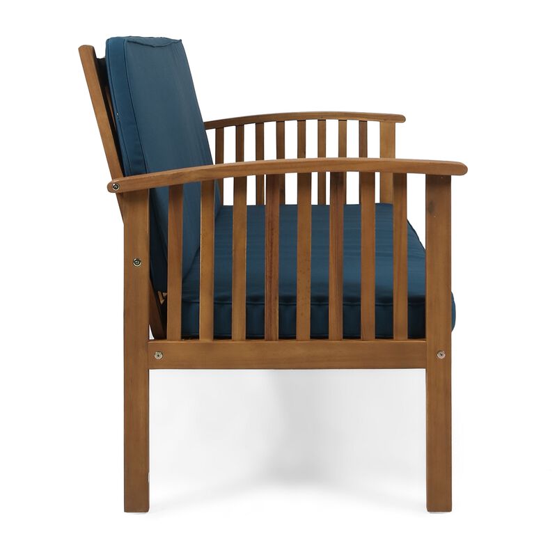 Gerry Outdoor Loveseat, Slat Panel Design, 53 Inch, Blue Cushions - Benzara
