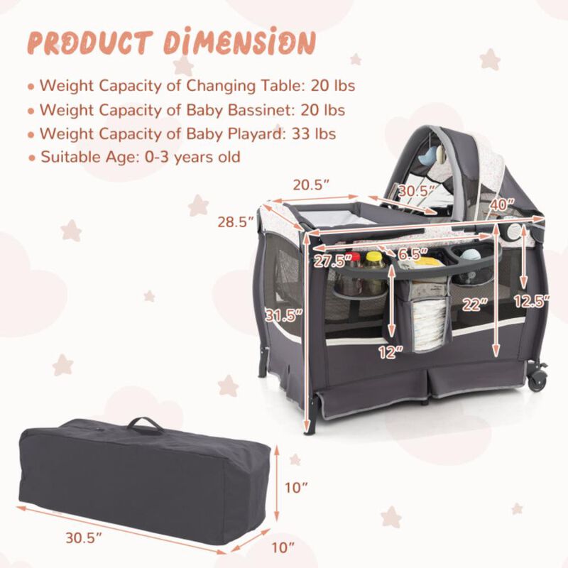 Hivvago 4 in 1 Portable Pack and Play Baby Nursery Center with Bassinet