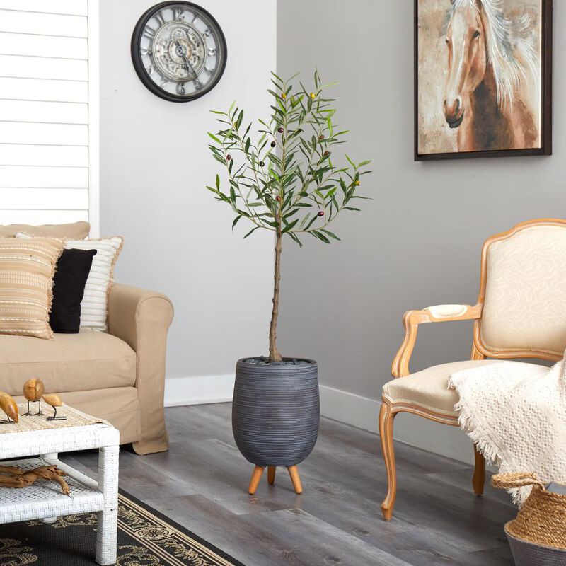 Hivvago 4.5 Feet Olive Artificial Tree in Gray Planter with Stand