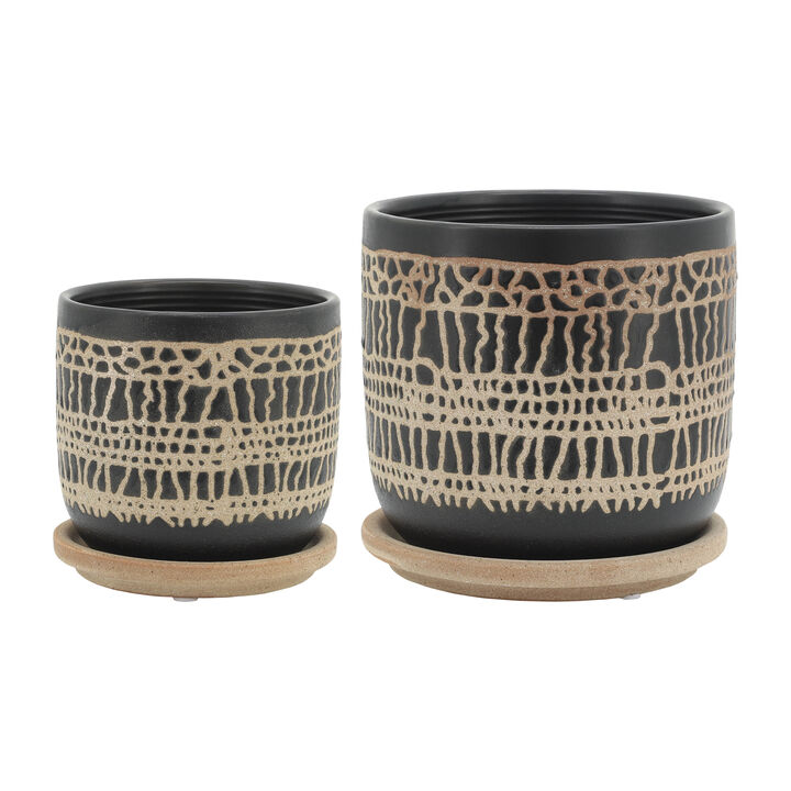 Glazed Planter with Saucer, Black Set
