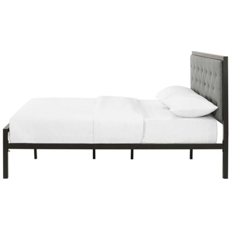 Hivvago Queen size Contemporary Metal Platform Bed with Grey Upholstered Headboard