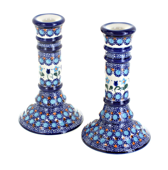 Blue Rose Polish Pottery Spring Blossom Candlestick Pair