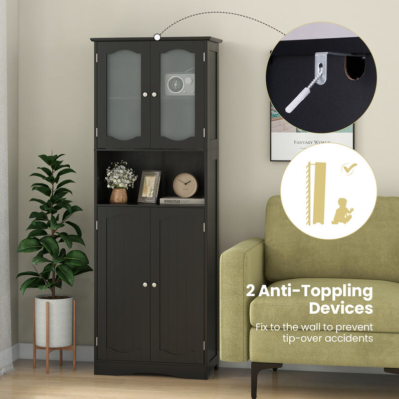 Tall Bathroom Storage Cabinet with Frost Glass Doors and Shelves