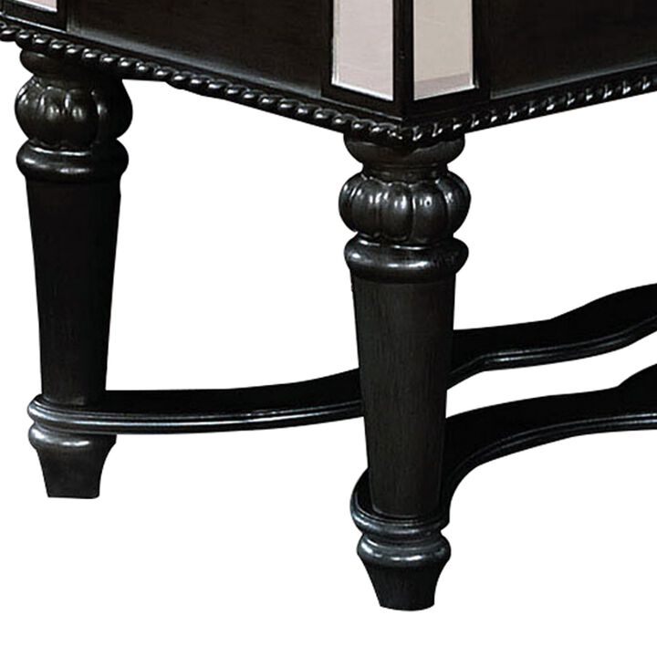 Fabric Padded Bench with Deep Button Tufting and Turned Legs, Black-Benzara