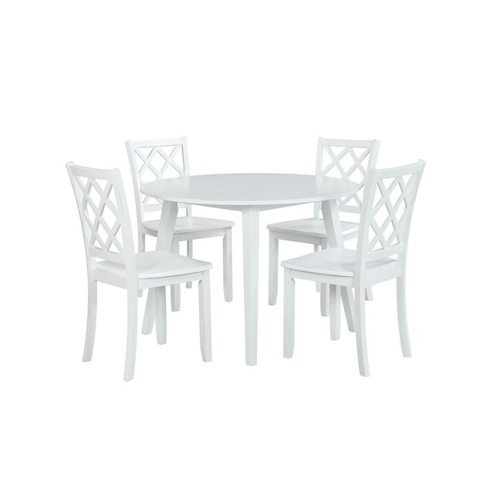 Ava 5pc Dining Table Set, 42in Round White Rubberwood, Diamond Trellis - Benzara
