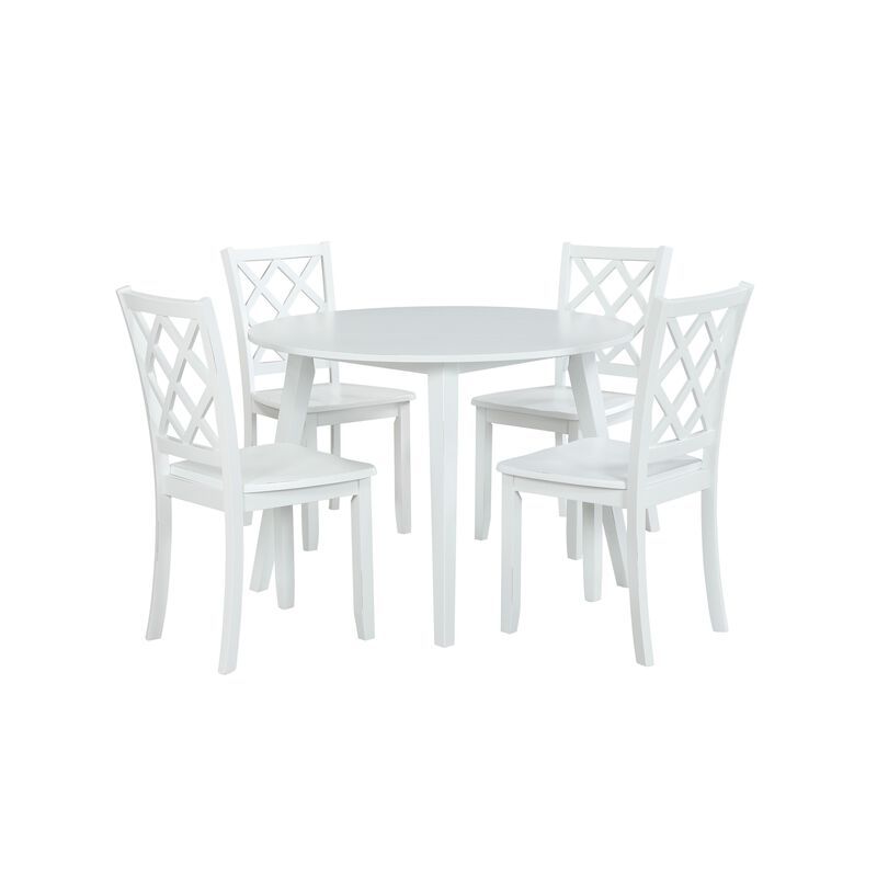 Ava 5pc Dining Table Set, 42in Round White Rubberwood, Diamond Trellis - Benzara