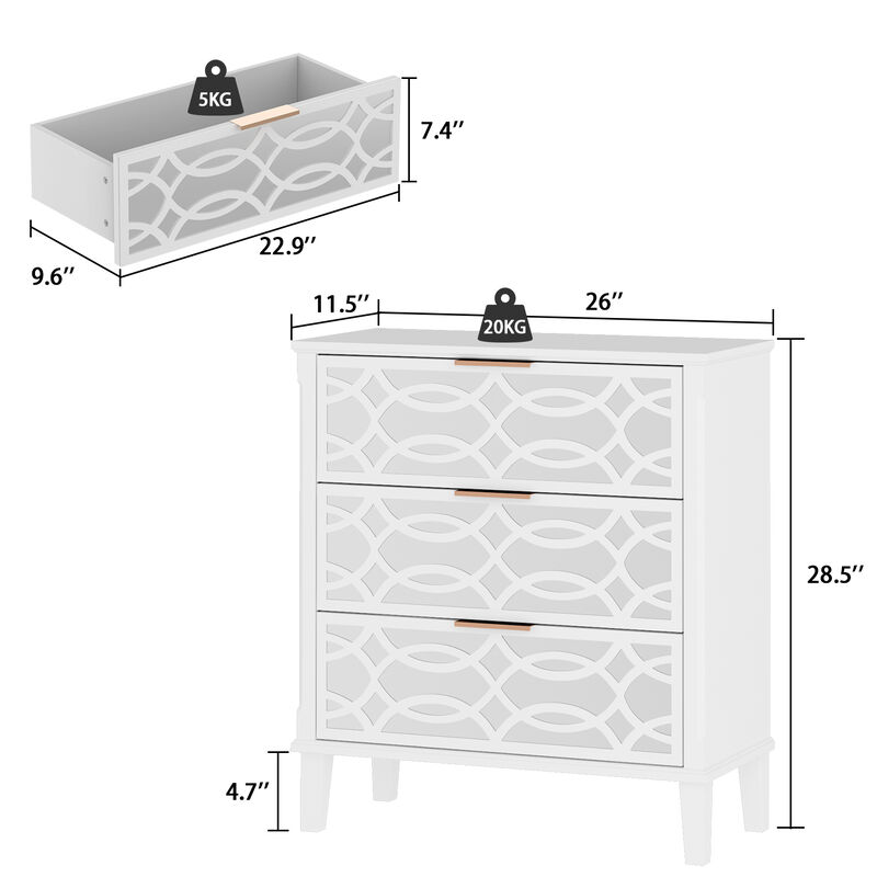 3-Mirrored Drawers White Wood Nightstands Bedside Table With Mirror Finish 11.5 in. D x 28.5 in. W x 26 in. H