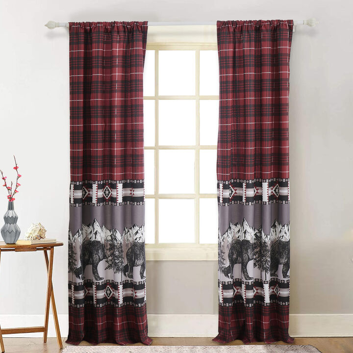 Sofia 84 Inch Bear Panel Curtains, Poly Microfiber, Red and Black Plaid - Benzara